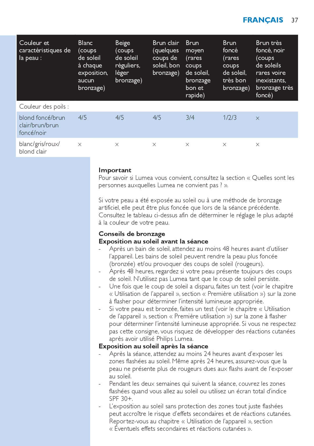 Philips SC2001/01 manual Conseils de bronzage Exposition au soleil avant la séance, Exposition au soleil après la séance 