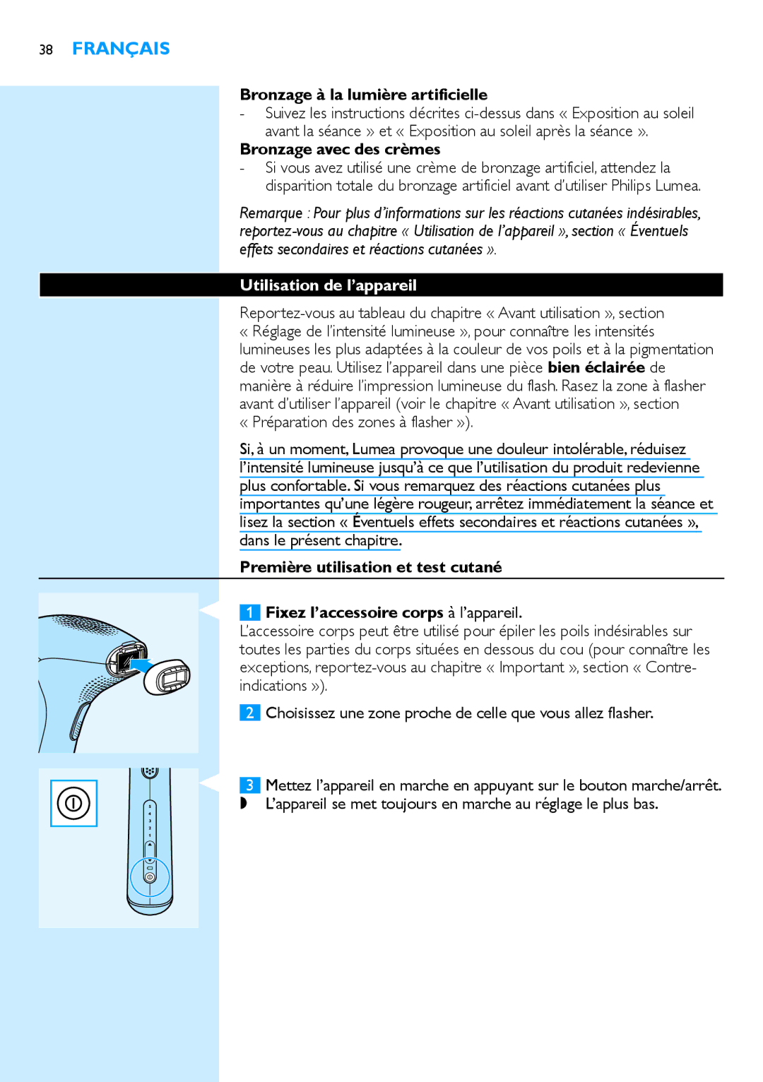 Philips SC2001/01 manual Bronzage à la lumière artificielle, Bronzage avec des crèmes, Utilisation de l’appareil 