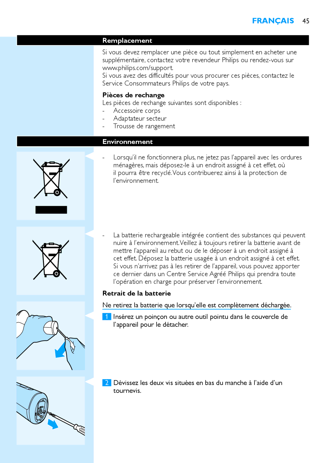 Philips SC2001/01 manual Remplacement, Pièces de rechange, Environnement, Retrait de la batterie 