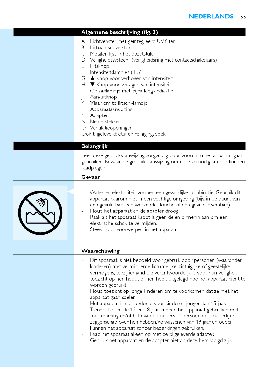 Philips SC2001/01 manual Algemene beschrijving, Belangrijk, Gevaar, Waarschuwing 