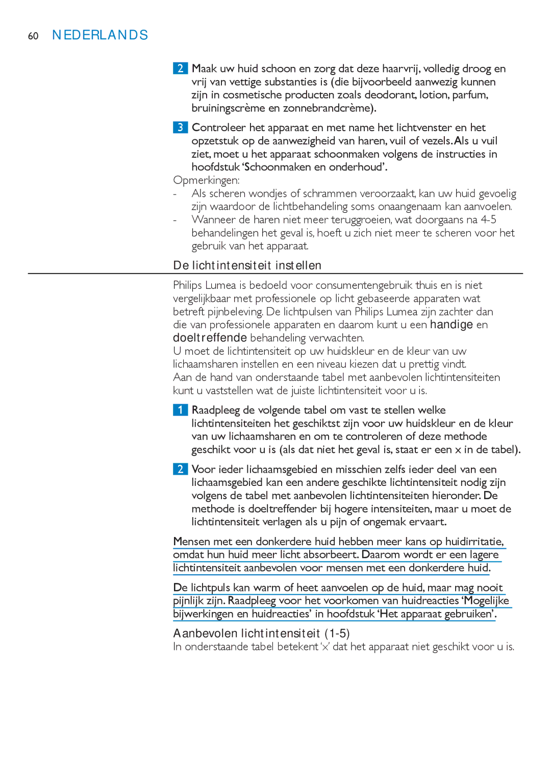 Philips SC2001/01 manual Hoofdstuk ‘Schoonmaken en onderhoud’ Opmerkingen, De lichtintensiteit instellen 