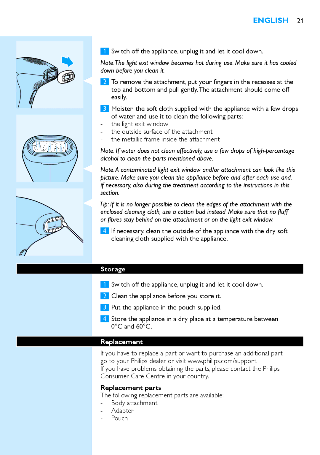 Philips SC2001/01 user manual Storage, Replacement parts 