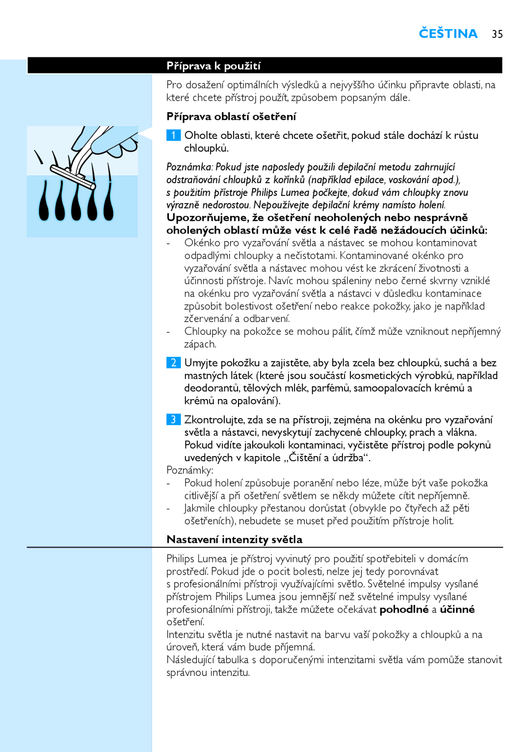 Philips SC2001/01 user manual Příprava k použití, Příprava oblastí ošetření, Nastavení intenzity světla 