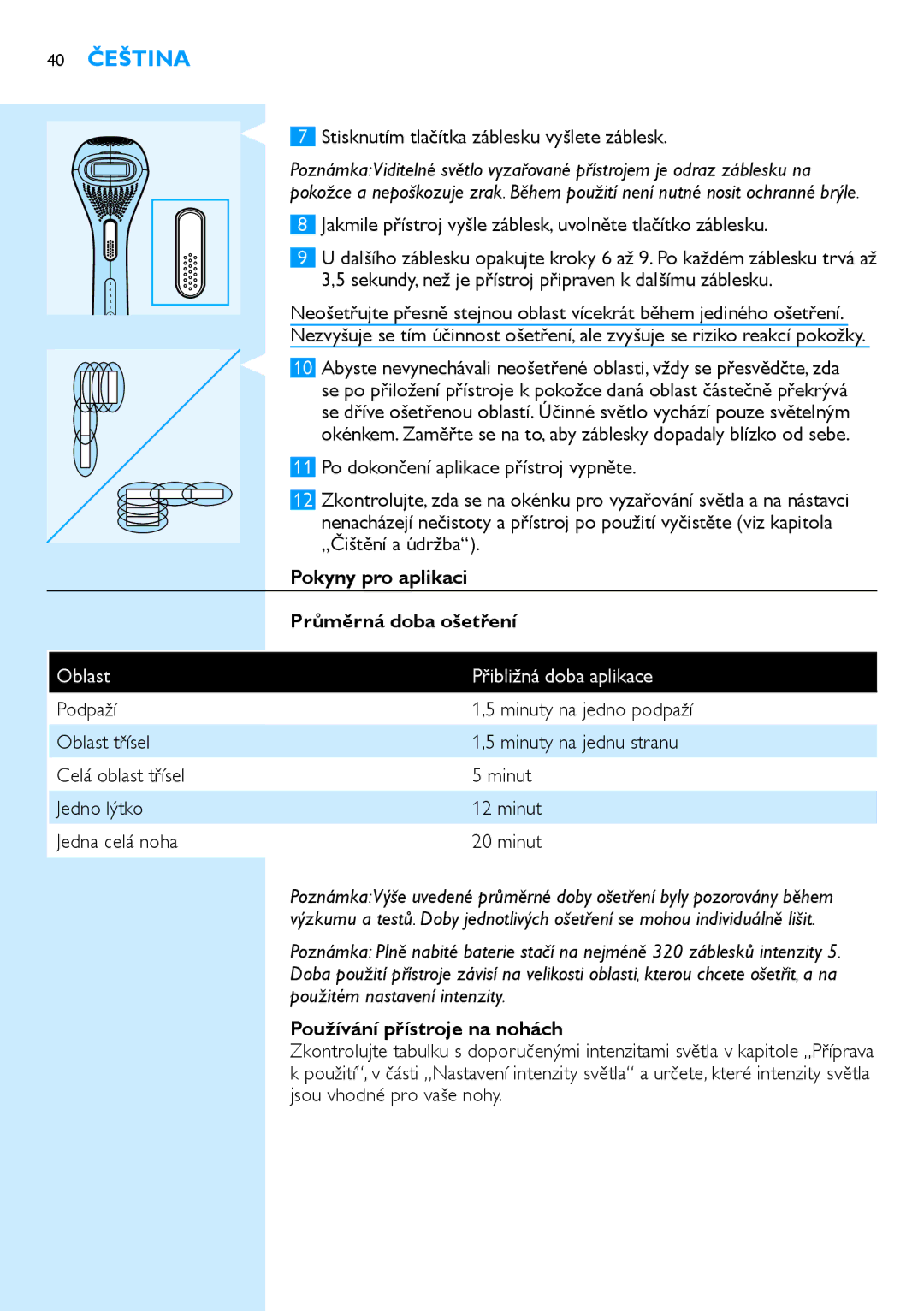 Philips SC2001/01 user manual 40 Čeština, Pokyny pro aplikaci, Průměrná doba ošetření, Oblast Přibližná doba aplikace 