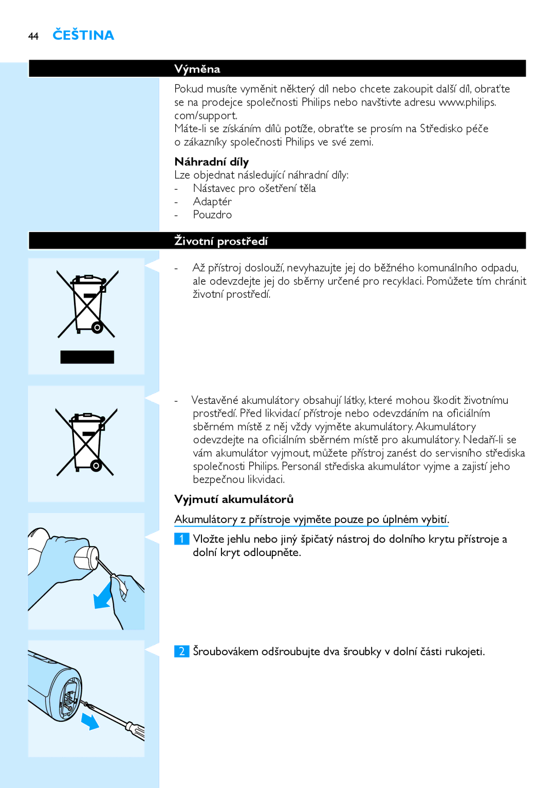 Philips SC2001/01 user manual 44 Čeština, Výměna, Náhradní díly, Životní prostředí, Vyjmutí akumulátorů 