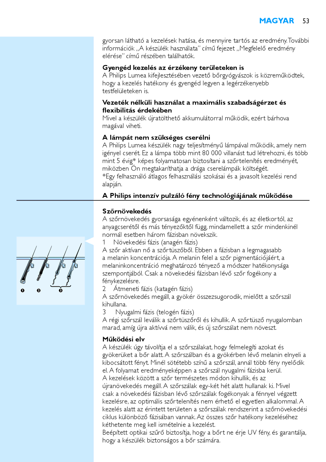 Philips SC2001/01 user manual Gyengéd kezelés az érzékeny területeken is, Lámpát nem szükséges cserélni, Működési elv 