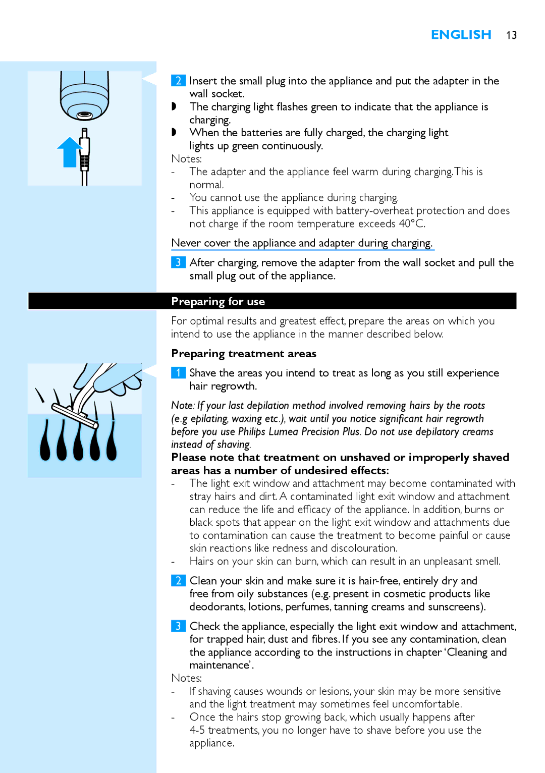 Philips SC2003 user manual Preparing for use, Preparing treatment areas, Appliance 