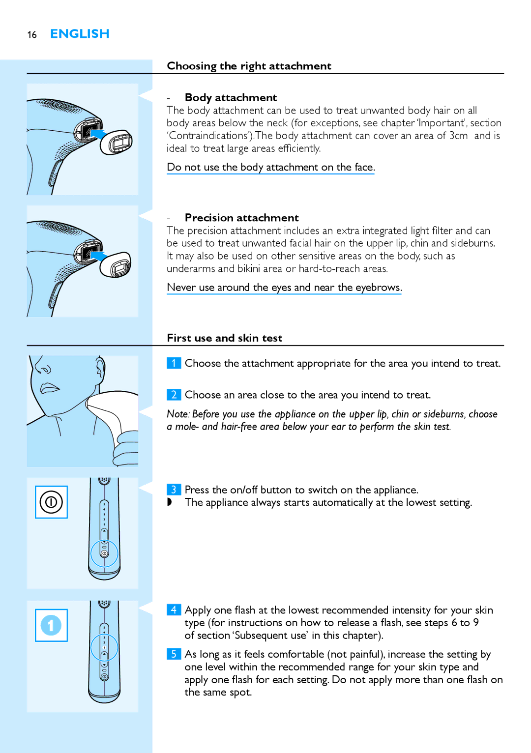 Philips SC2003 user manual Choosing the right attachment Body attachment, Precision attachment, First use and skin test 