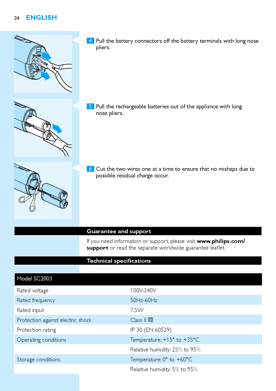 Philips SC2003 Guarantee and support, Support or read the separate worldwide guarantee leaflet, Technical specifications 