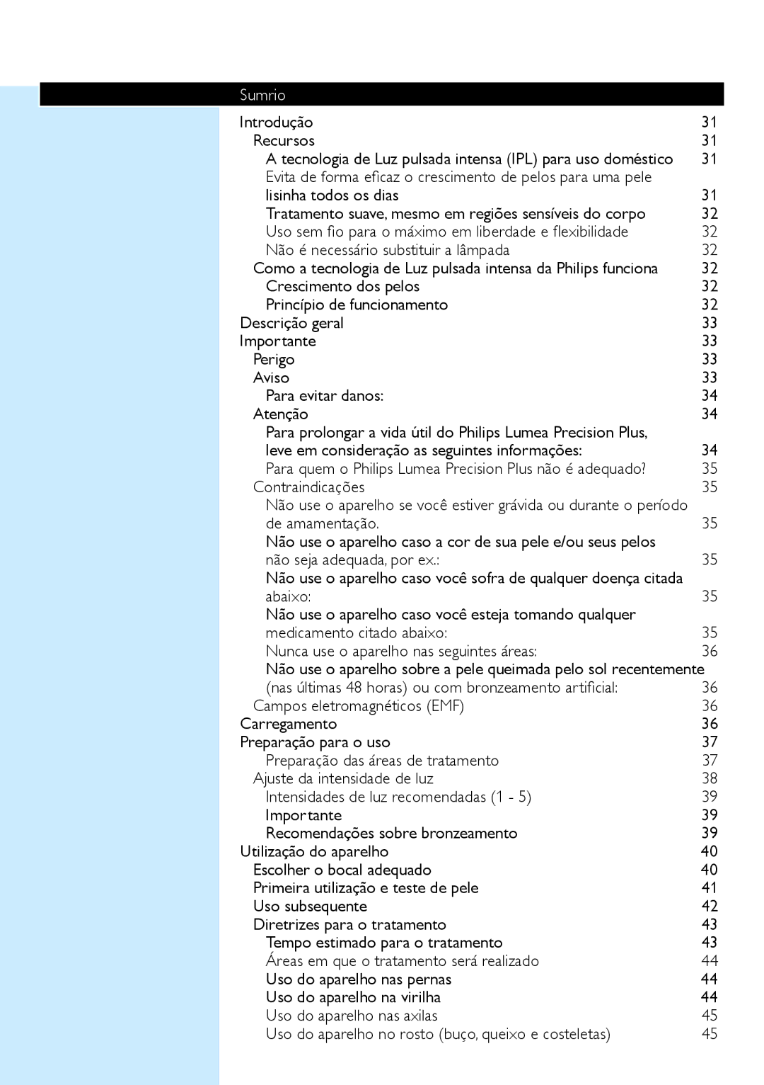 Philips SC2003 user manual Sumário 