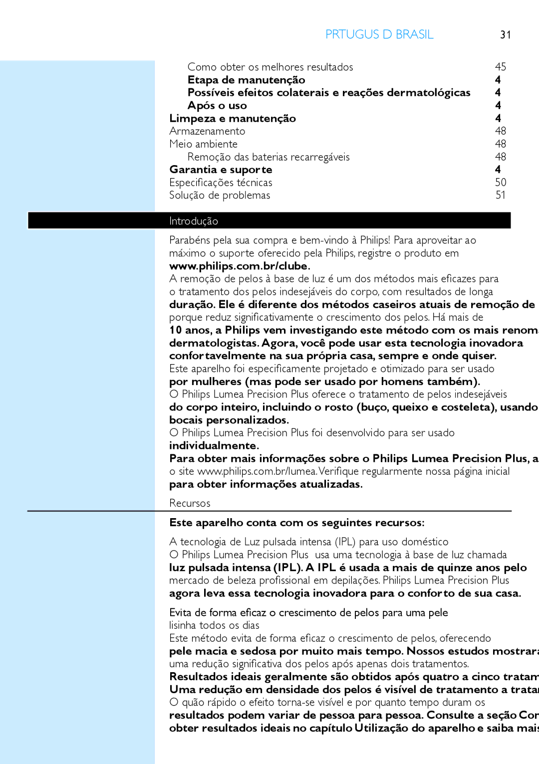 Philips SC2003 user manual Introdução, Recursos, Este aparelho conta com os seguintes recursos 