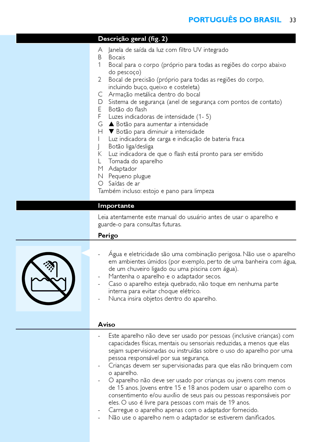 Philips SC2003 user manual Descrição geral, Importante, Perigo, Aviso 