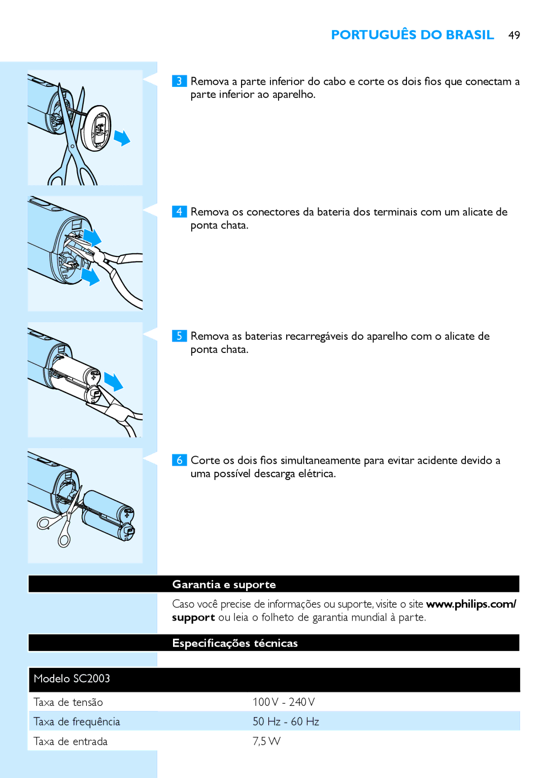 Philips Garantia e suporte Especificações técnicas, Modelo SC2003, Taxa de tensão, Taxa de frequência, Taxa de entrada 