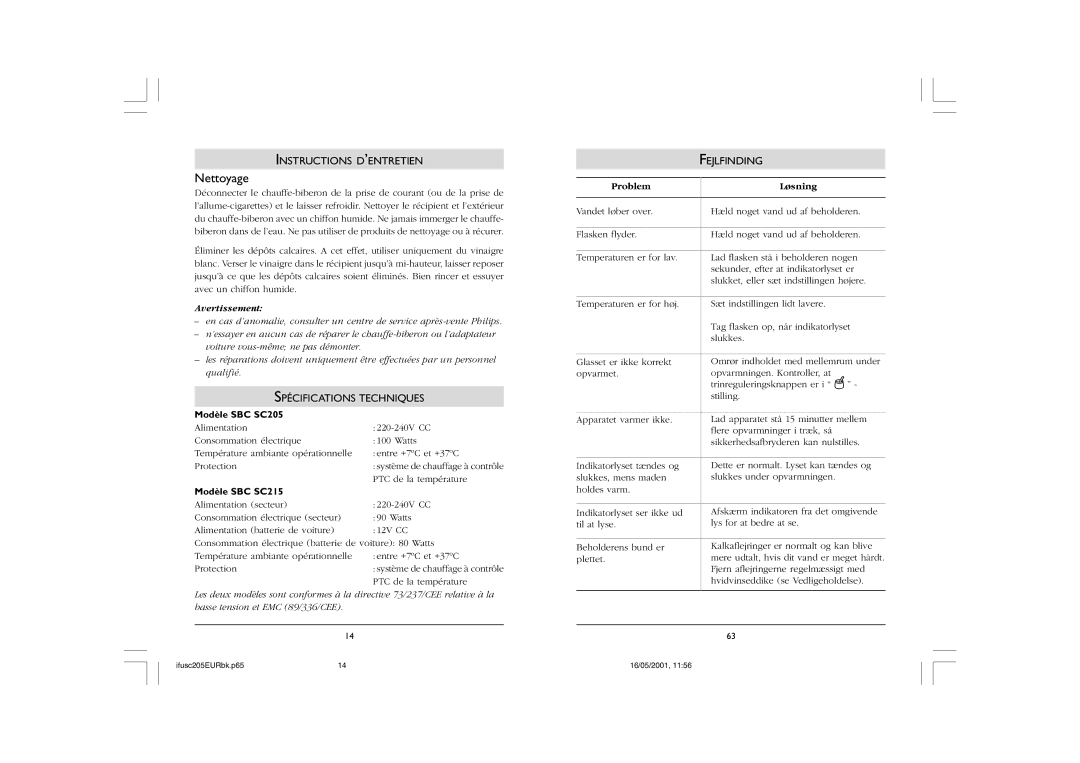 Philips SBC SC205, SC215, KHMC106W warranty Nettoyage, Instructions D’ENTRETIEN, Spécifications Techniques, Fejlfinding 