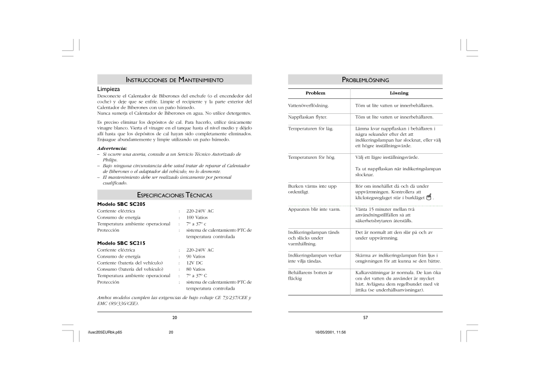 Philips SC215, SC205 Limpieza, Instrucciones DE Mantenimiento, Especificaciones Técnicas, Problemlösning, Problem Lösning 