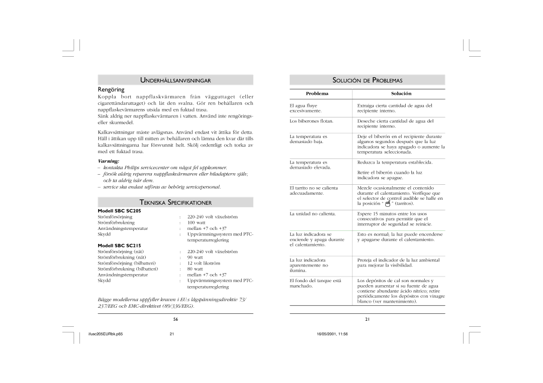 Philips SC205, SC215 Rengöring, Underhållsanvisningar, Tekniska Specifikationer, Solución DE Problemas, Problema Solución 