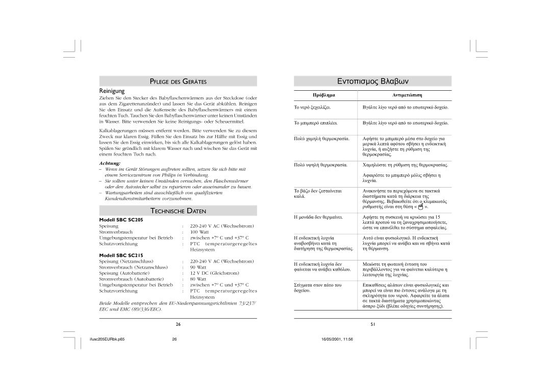 Philips SBC SC205, SC215, KHMC106W warranty Reinigung, Pflege DES Gerätes, Technische Daten 