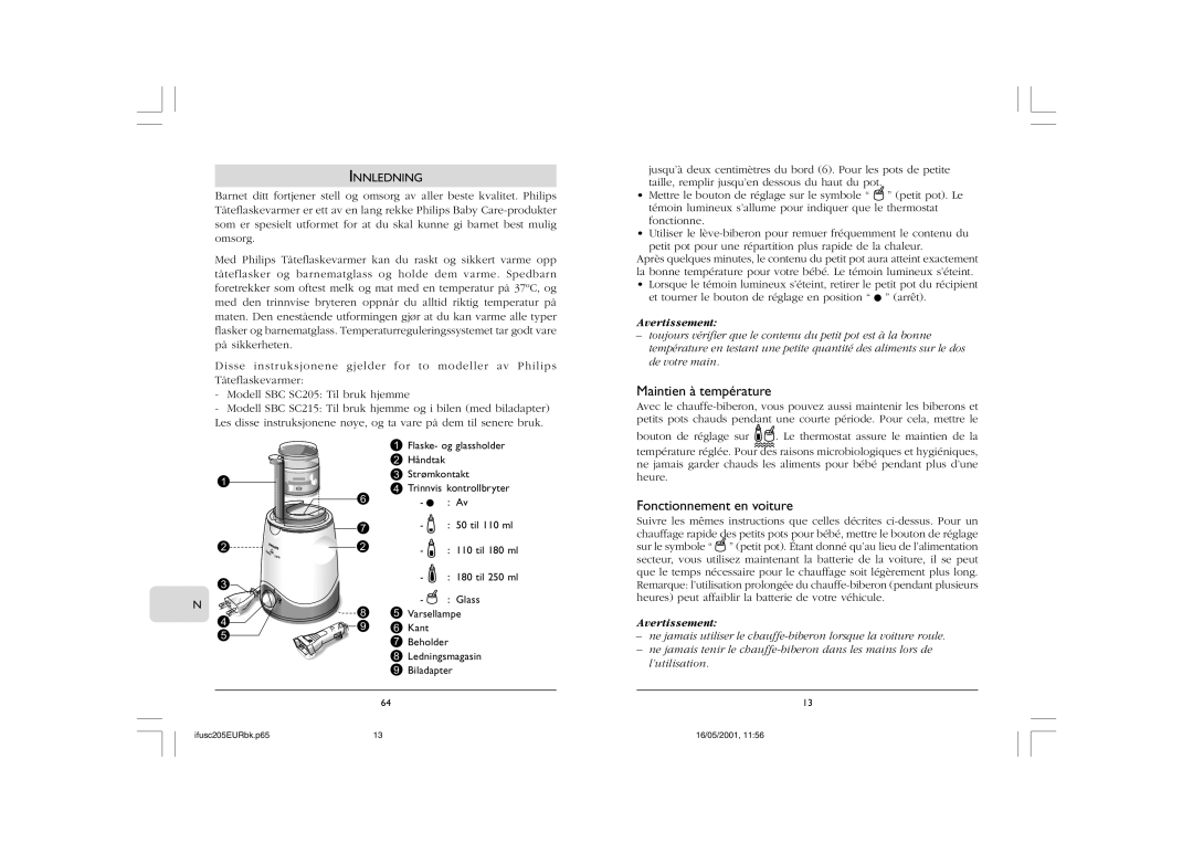 Philips SC205, SC215 manual Maintien à température, Fonctionnement en voiture, Innledning 