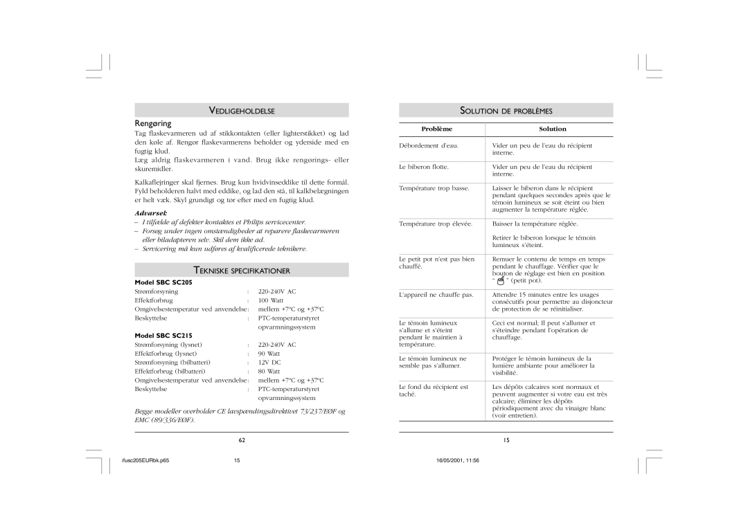 Philips SC205, SC215 manual Rengøring, Vedligeholdelse, Tekniske Specifikationer, Solution DE Problèmes, Problème Solution 