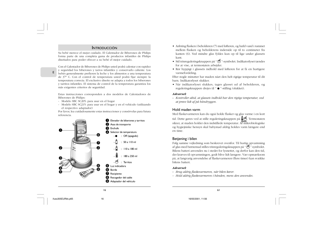 Philips SC215, SC205 manual Hold maden varm, Betjening i bilen, Introducción 