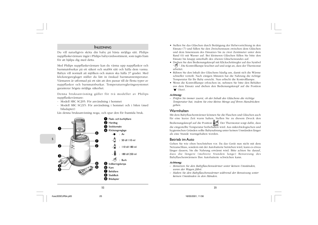 Philips SC205, SC215 manual Warmhalten, Betrieb im Auto, Inledning 