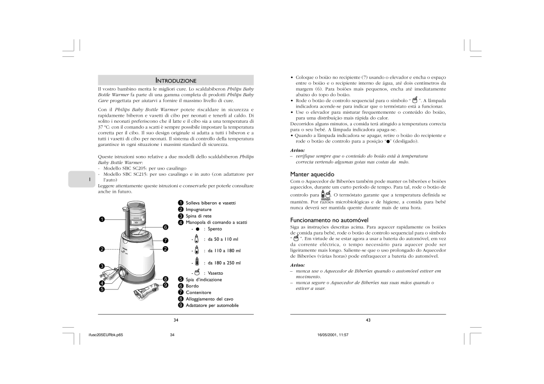 Philips SC215, SC205 manual Manter aquecido, Funcionamento no automóvel, Introduzione 