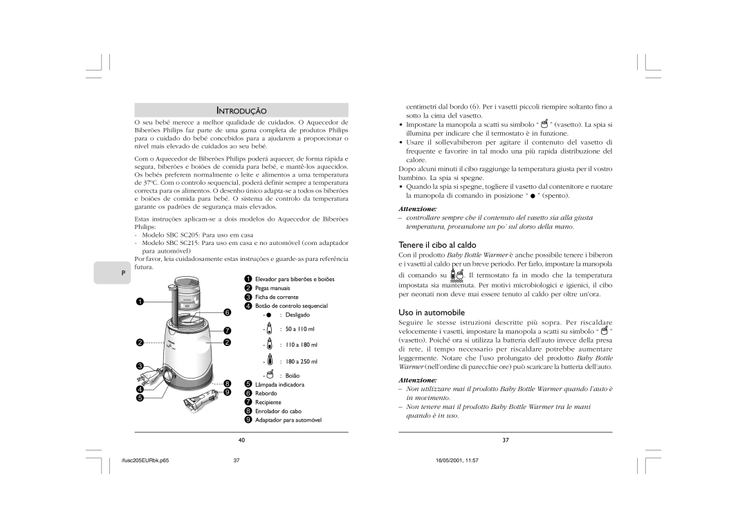 Philips SC205, SC215 manual Tenere il cibo al caldo, Introdução 