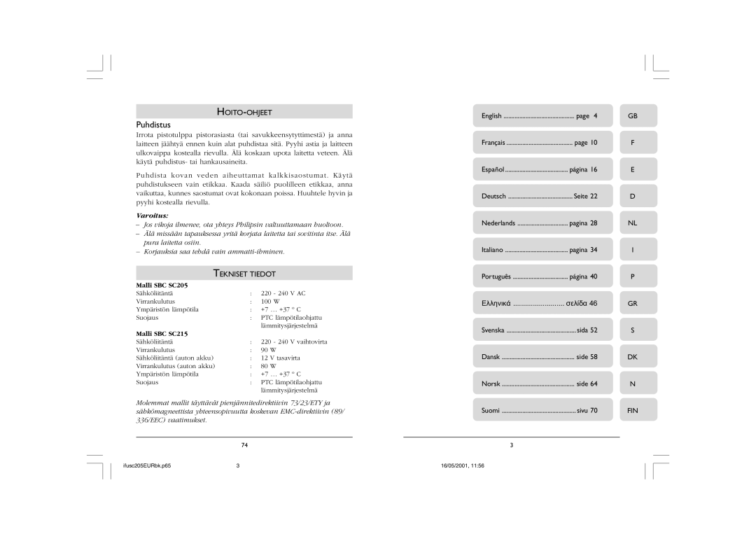 Philips SC205, SC215 manual Puhdistus, Hoito-Ohjeet, Tekniset Tiedot, Fin 