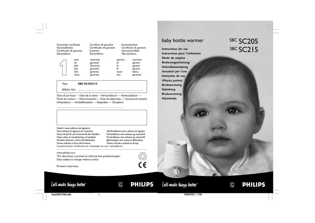 Philips SBC SC205, SBC SC215, baby bottle warmer, Instructions for use, Instructions pour l’utilisation, Modo de empleo 