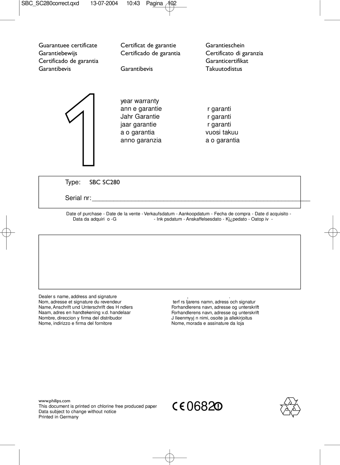 Philips SC280 manual Serial nr, Inköpsdatum Anskaffelsesdato Kjøpedato Oatopäivä 