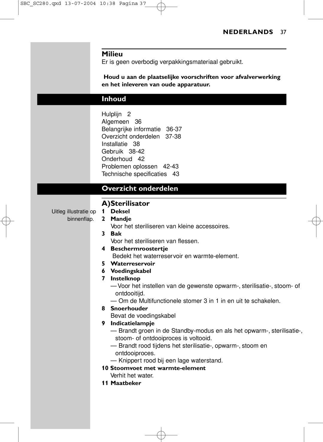 Philips SC280 manual Milieu, Inhoud, Overzicht onderdelen, ASterilisator 