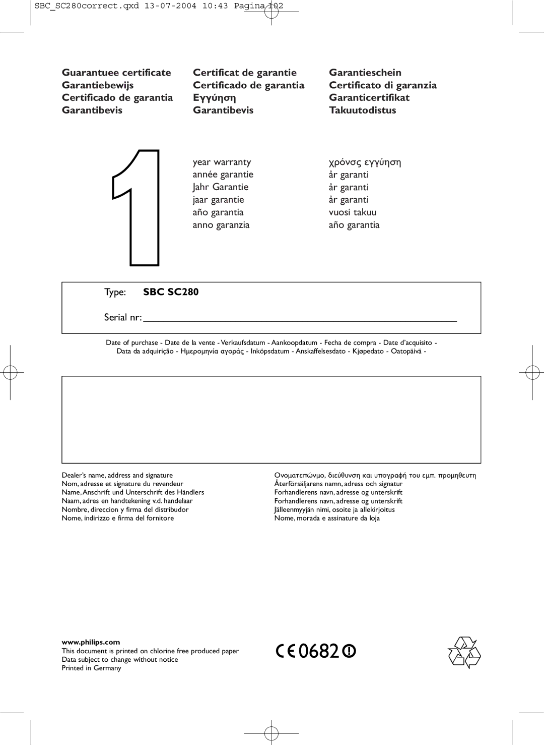 Philips SC280 manual Serial nr 