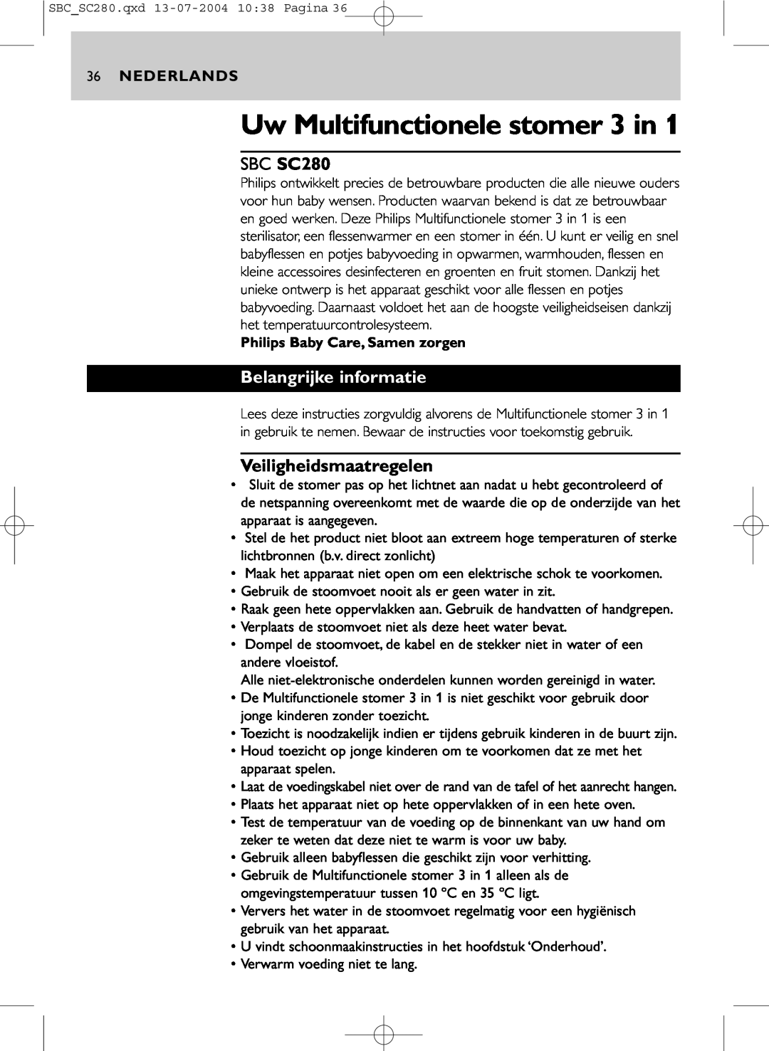 Philips manual SBC SC280, Belangrijke informatie, Veiligheidsmaatregelen, Nederlands, Uw Multifunctionele stomer 3 in 