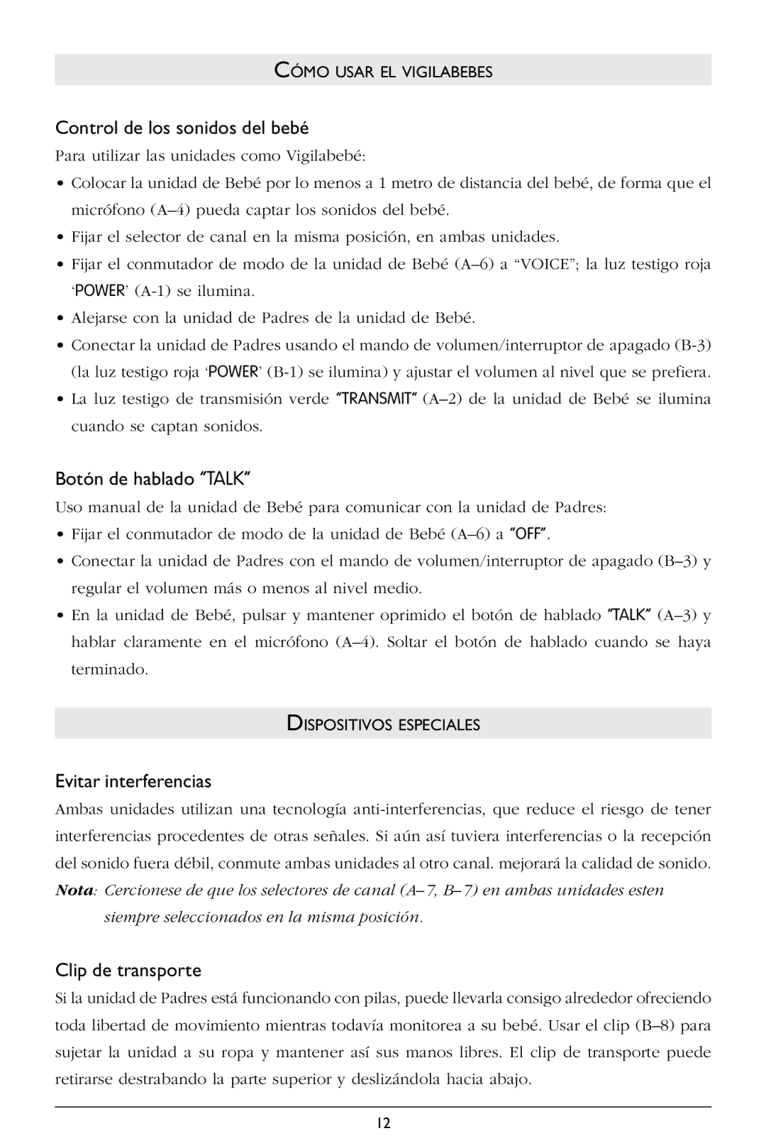 Philips SC362 warranty Control de los sonidos del bebé, Botón de hablado Talk, Evitar interferencias, Clip de transporte 