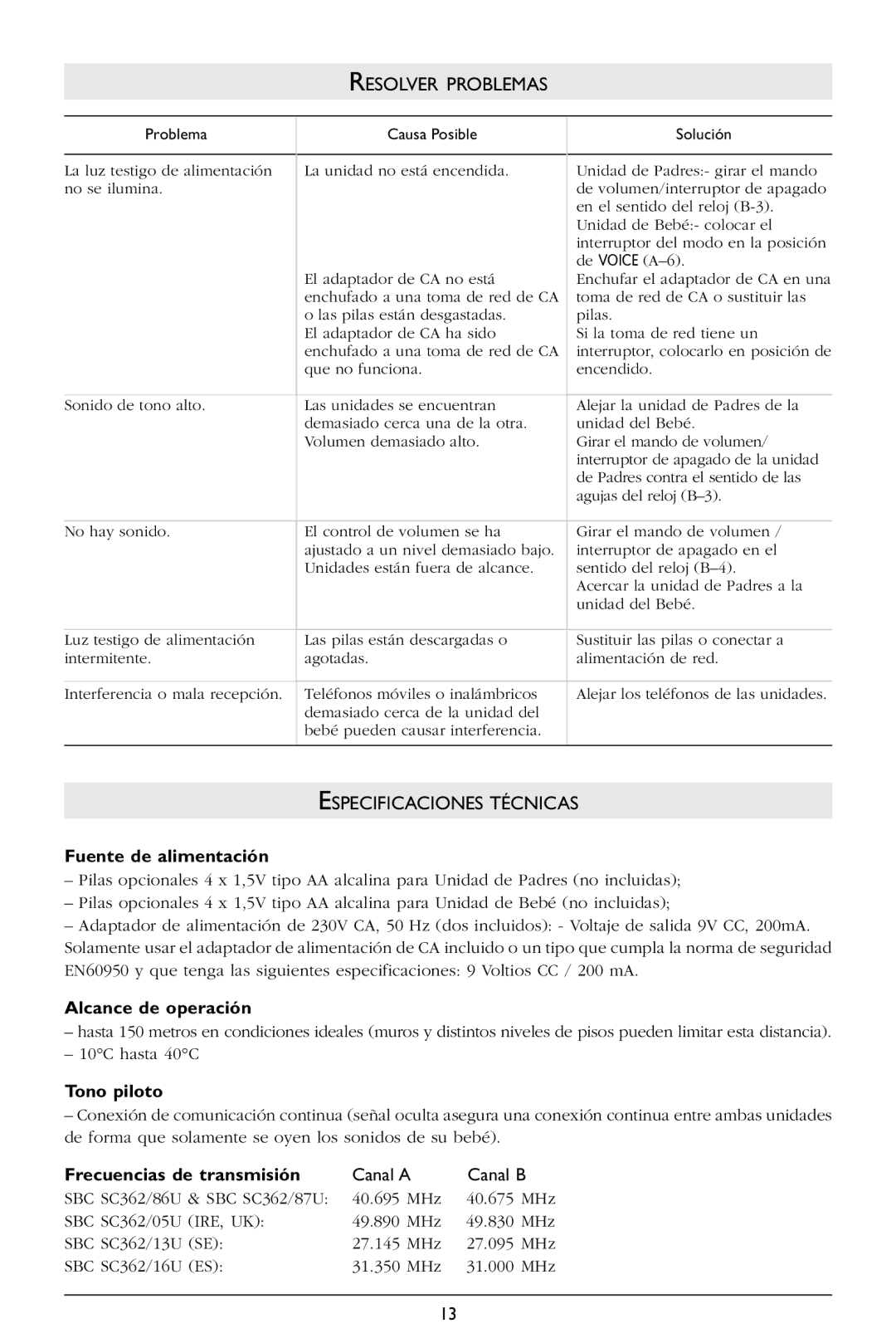 Philips SC362 warranty Fuente de alimentación, Alcance de operación, Tono piloto, Frecuencias de transmisión 