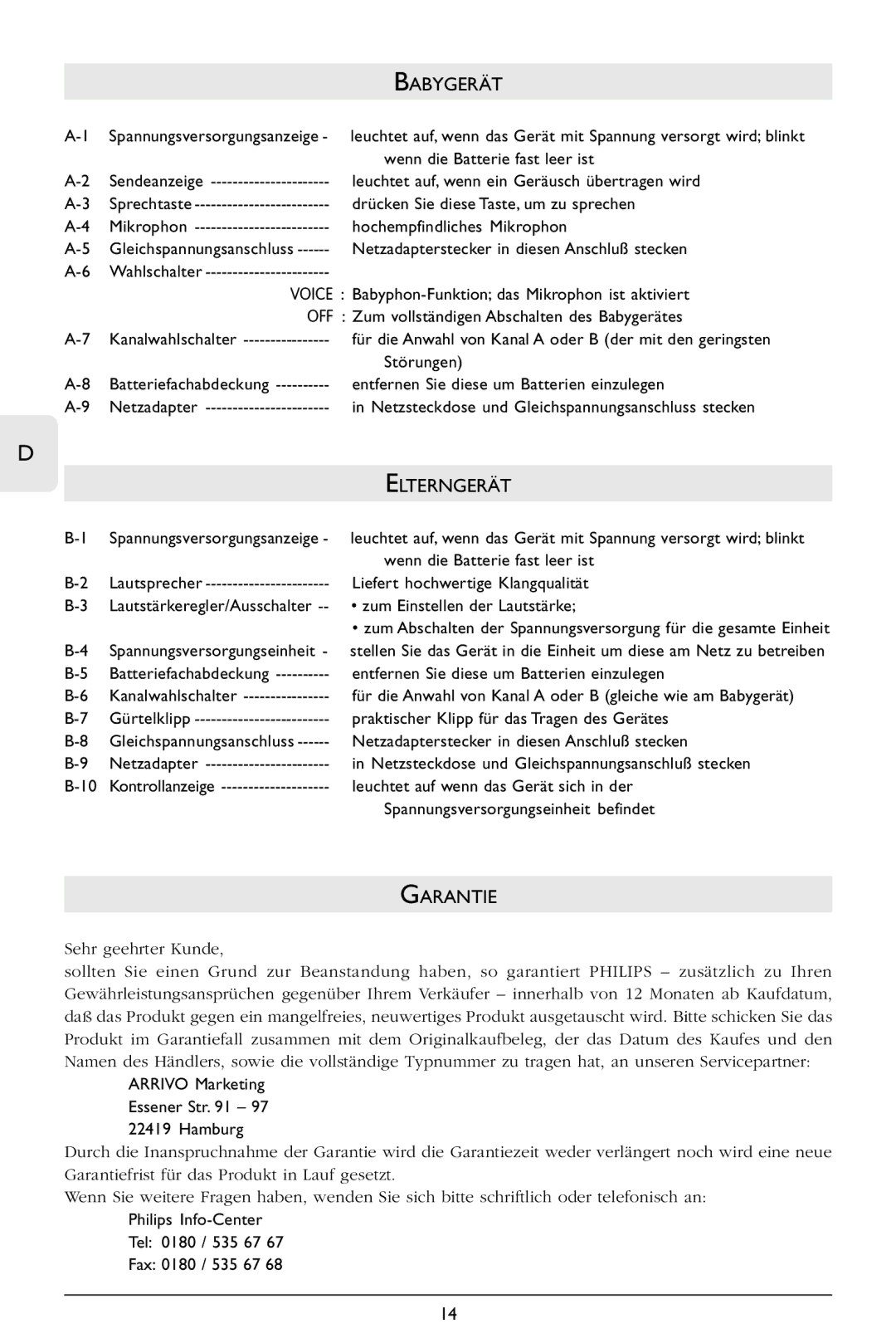 Philips SC362 warranty Babygerät, Elterngerät, Garantie 