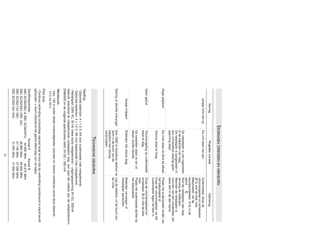 Philips SC362 warranty Storingen Opsporen EN Verhelpen, Technische Gegevens, Voeding, Werkbereik, Zendfrequenties 