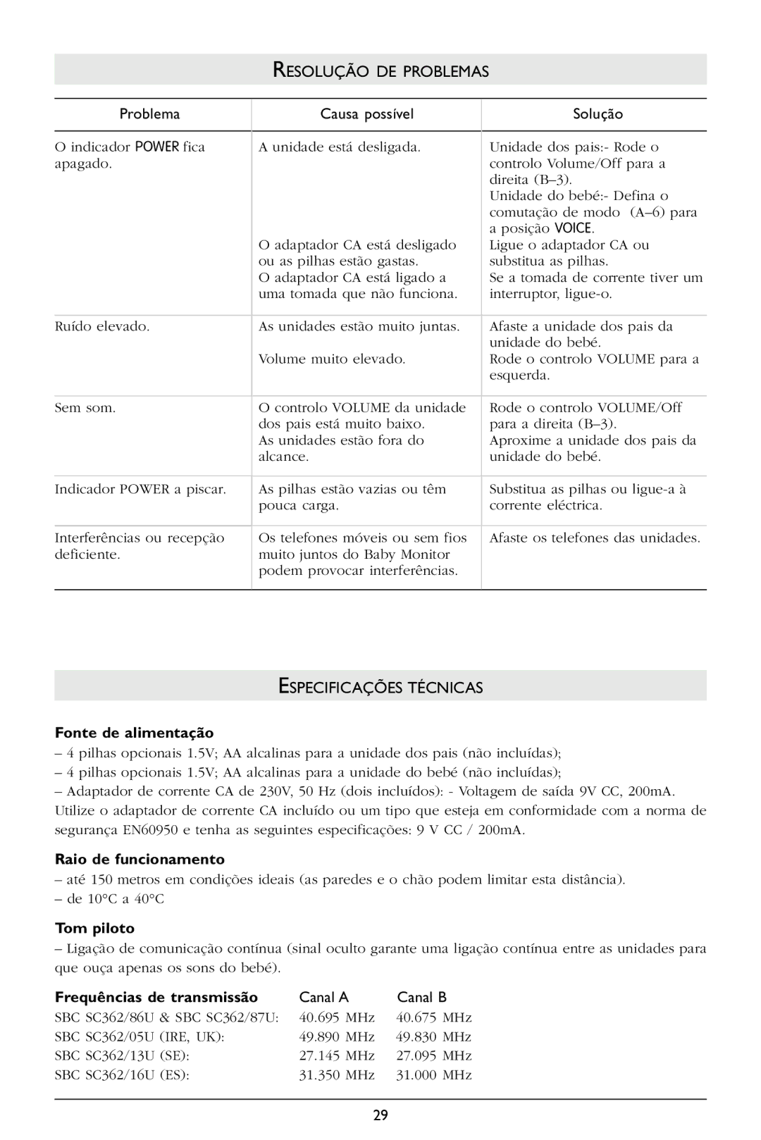 Philips SC362 warranty Fonte de alimentação, Raio de funcionamento, Tom piloto, Frequências de transmissão 