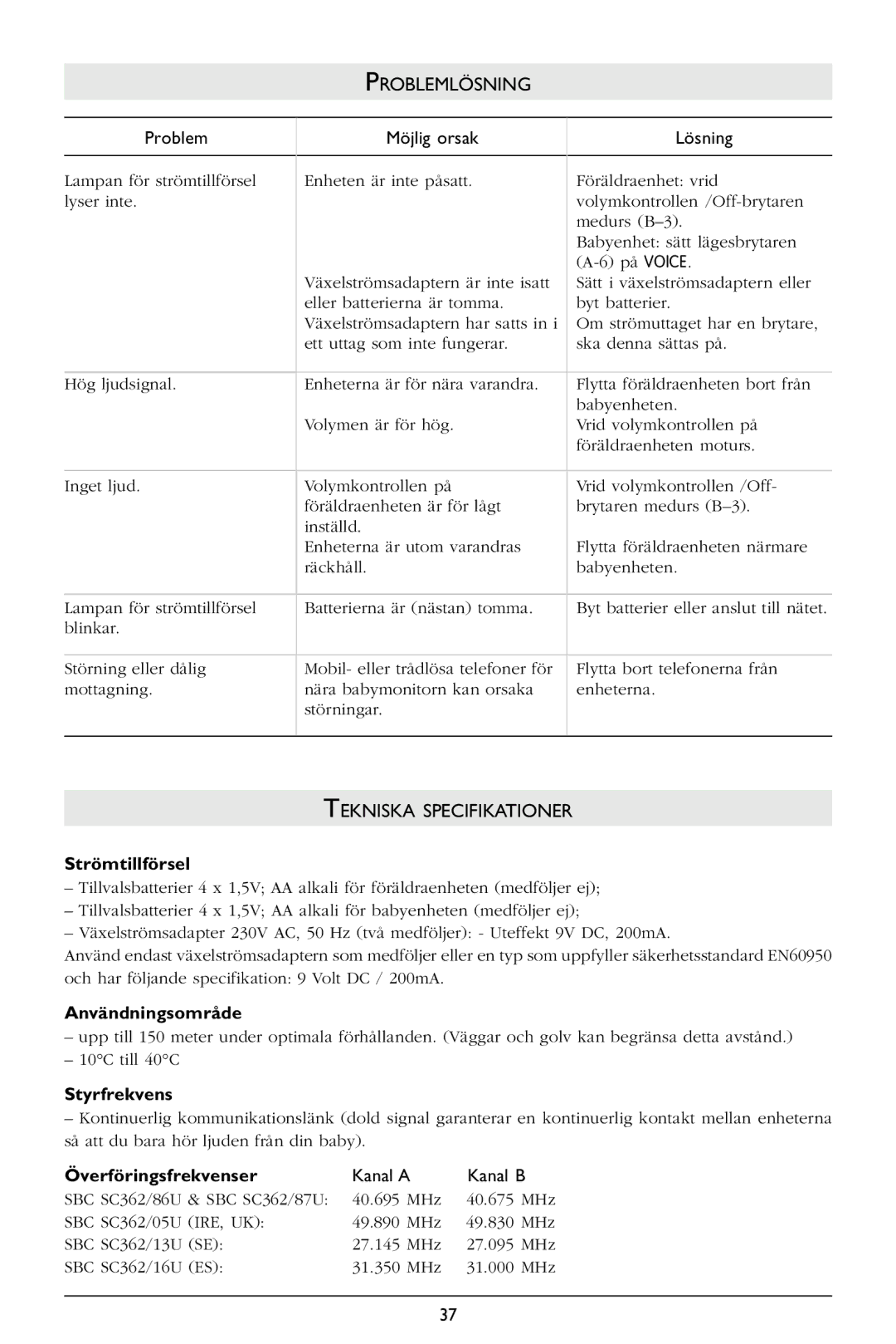 Philips SC362 warranty Strömtillförsel, Användningsområde, Styrfrekvens, Överföringsfrekvenser 