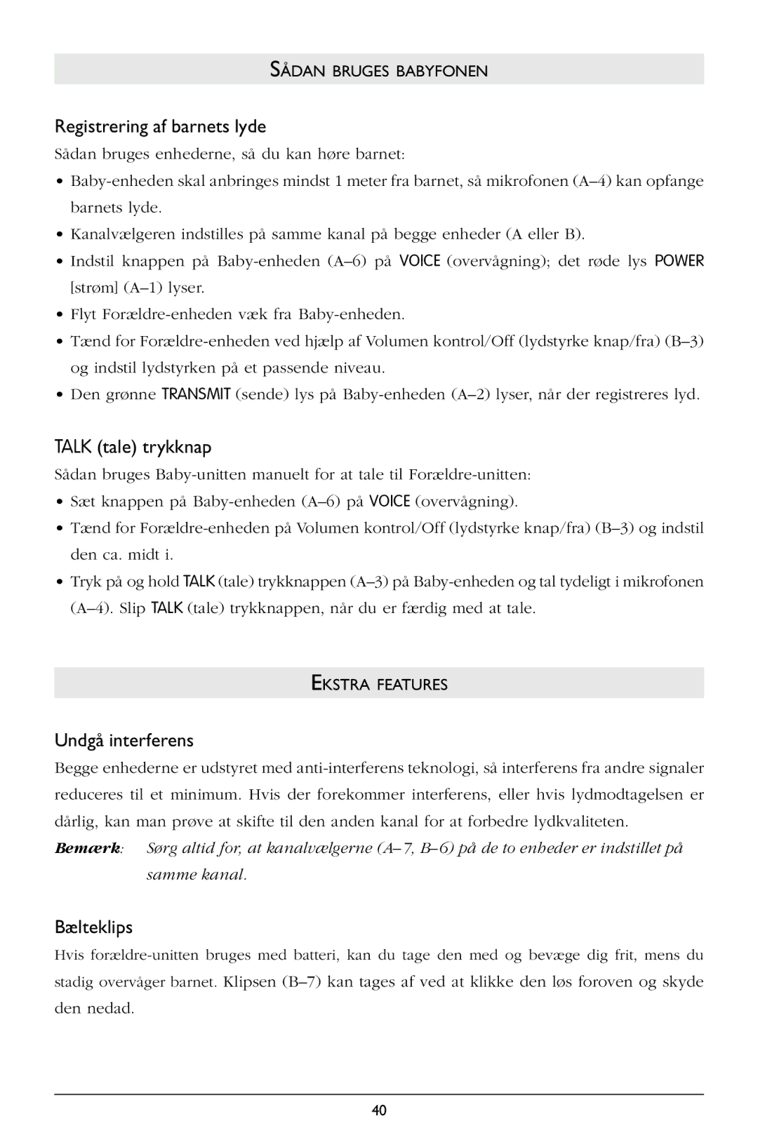 Philips SC362 warranty Registrering af barnets lyde, Talk tale trykknap, Undgå interferens, Bælteklips 