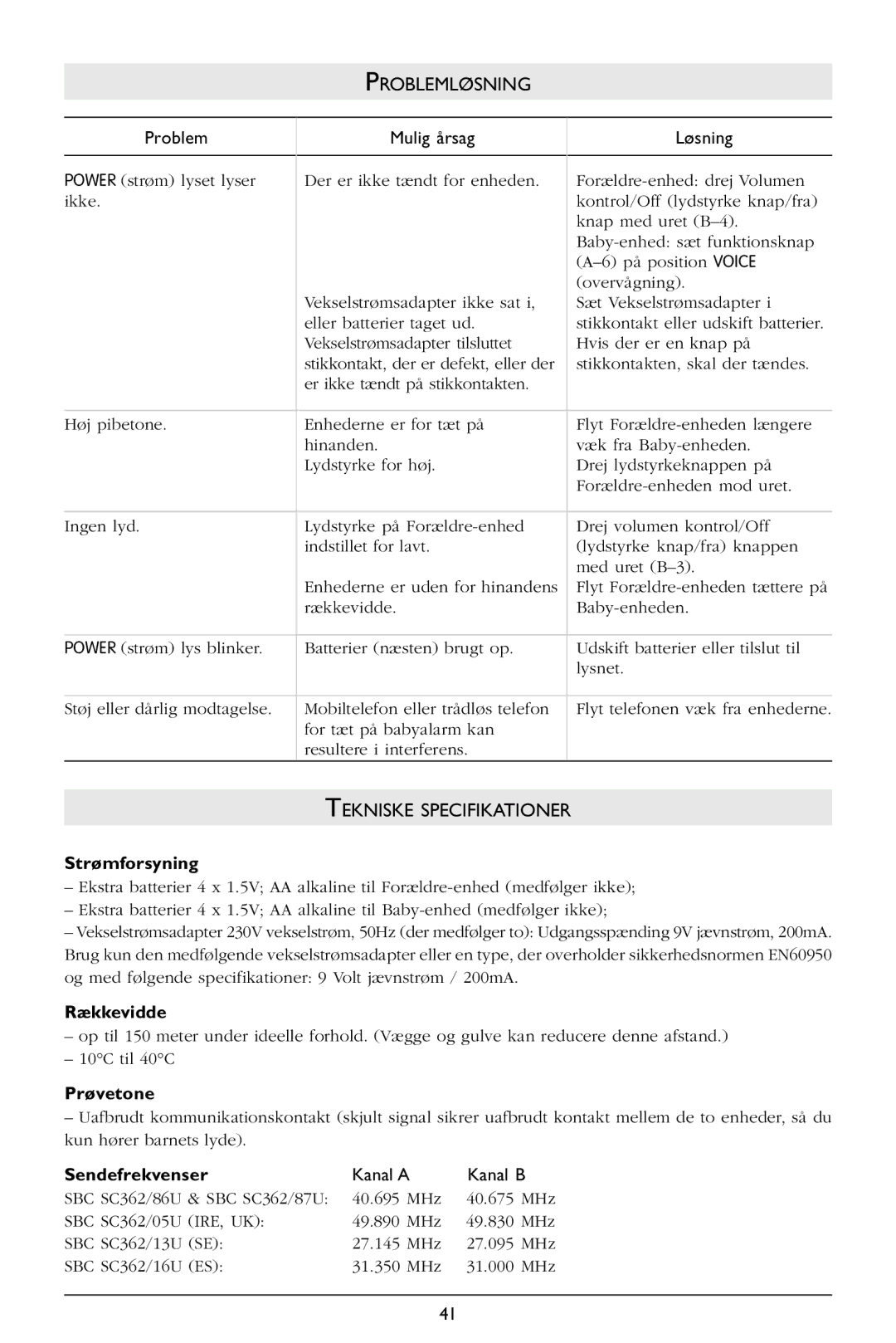 Philips SC362 warranty Strømforsyning, Rækkevidde, Prøvetone, Sendefrekvenser 