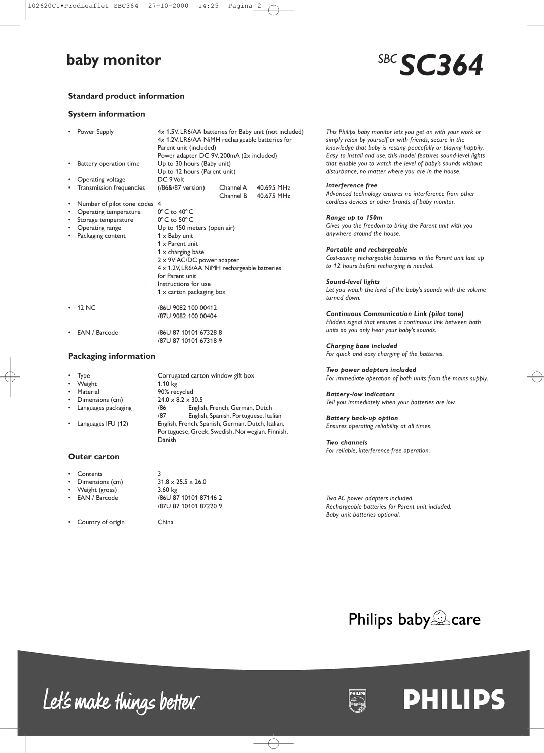 Philips SC364 manual Standard product information System information, Outer carton 