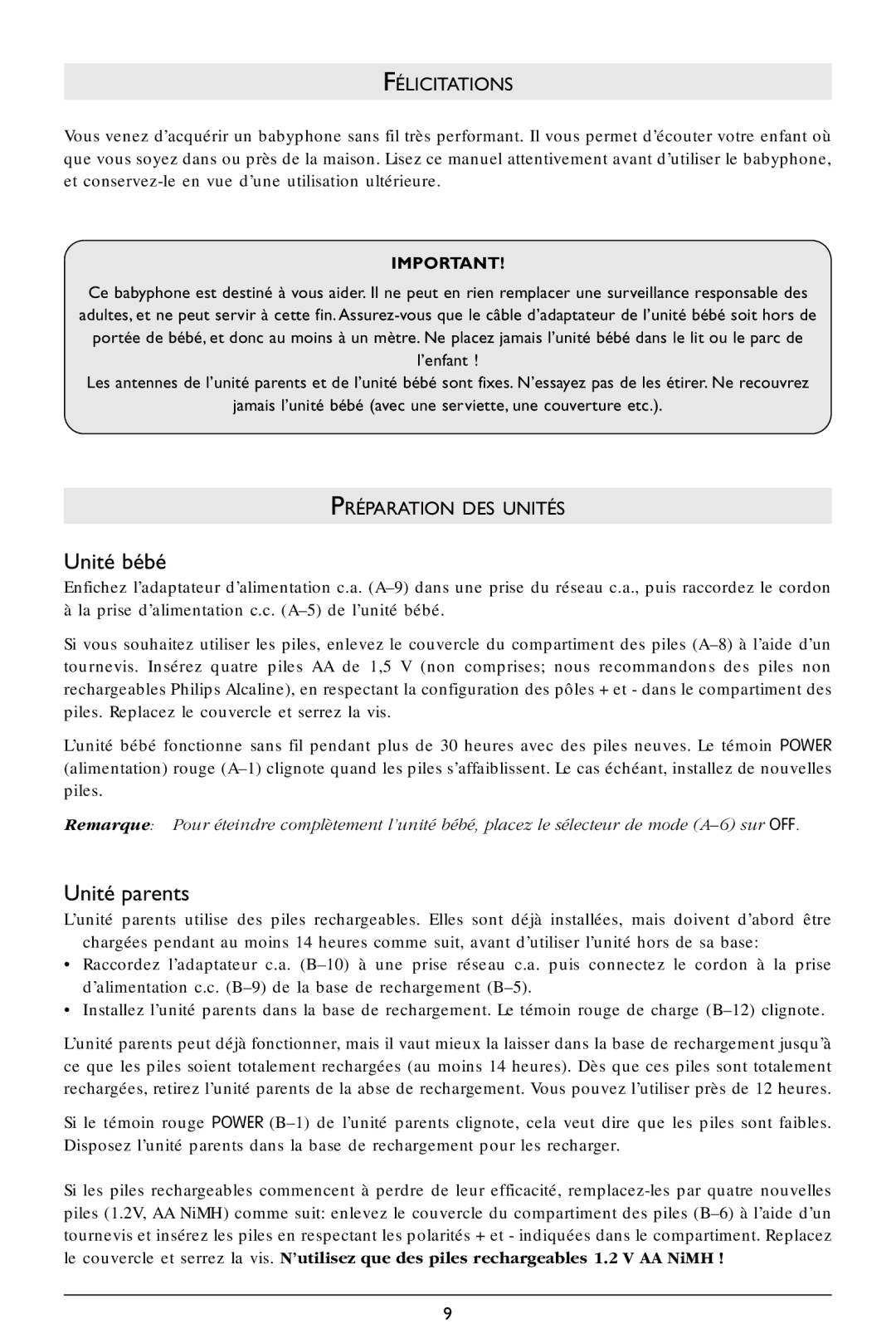 Philips SC364 warranty Unité bébé, Unité parents, Félicitations, Préparation DES Unités 