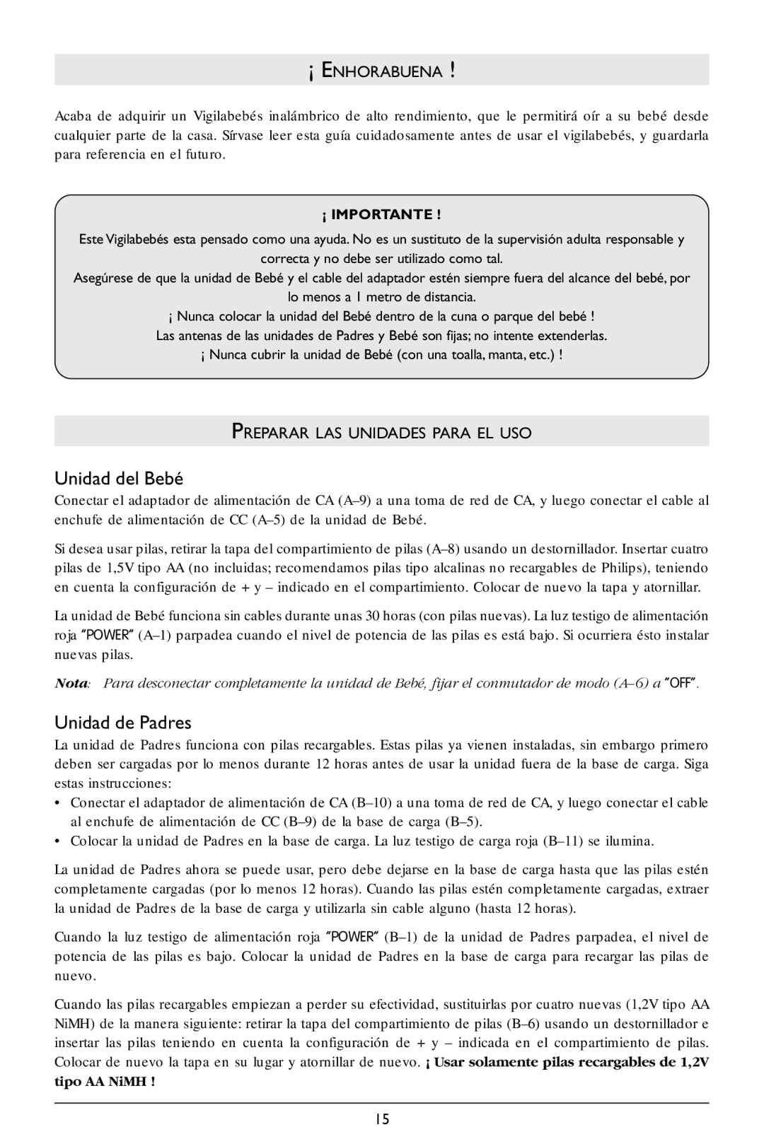 Philips SC364 warranty Unidad del Bebé, Unidad de Padres, ¡ Enhorabuena, Preparar LAS Unidades Para EL USO, ¡ Importante 