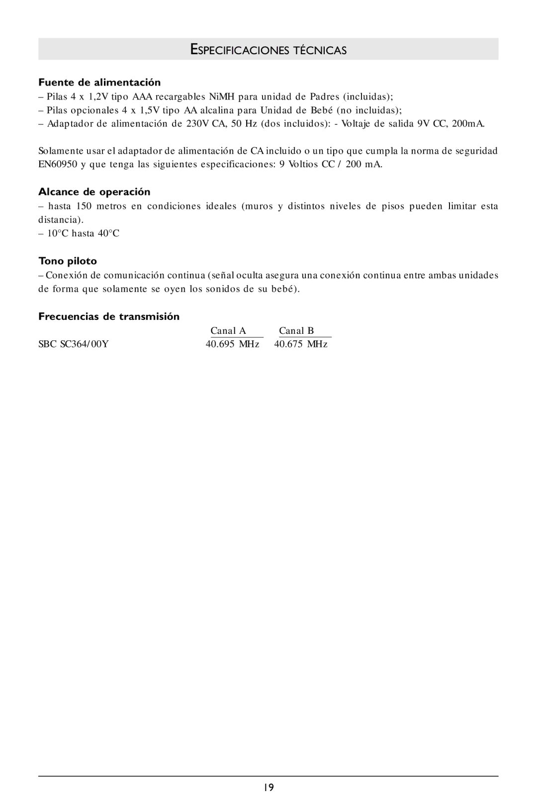 Philips SC364 warranty Especificaciones Técnicas, Fuente de alimentación, Alcance de operación, Tono piloto 