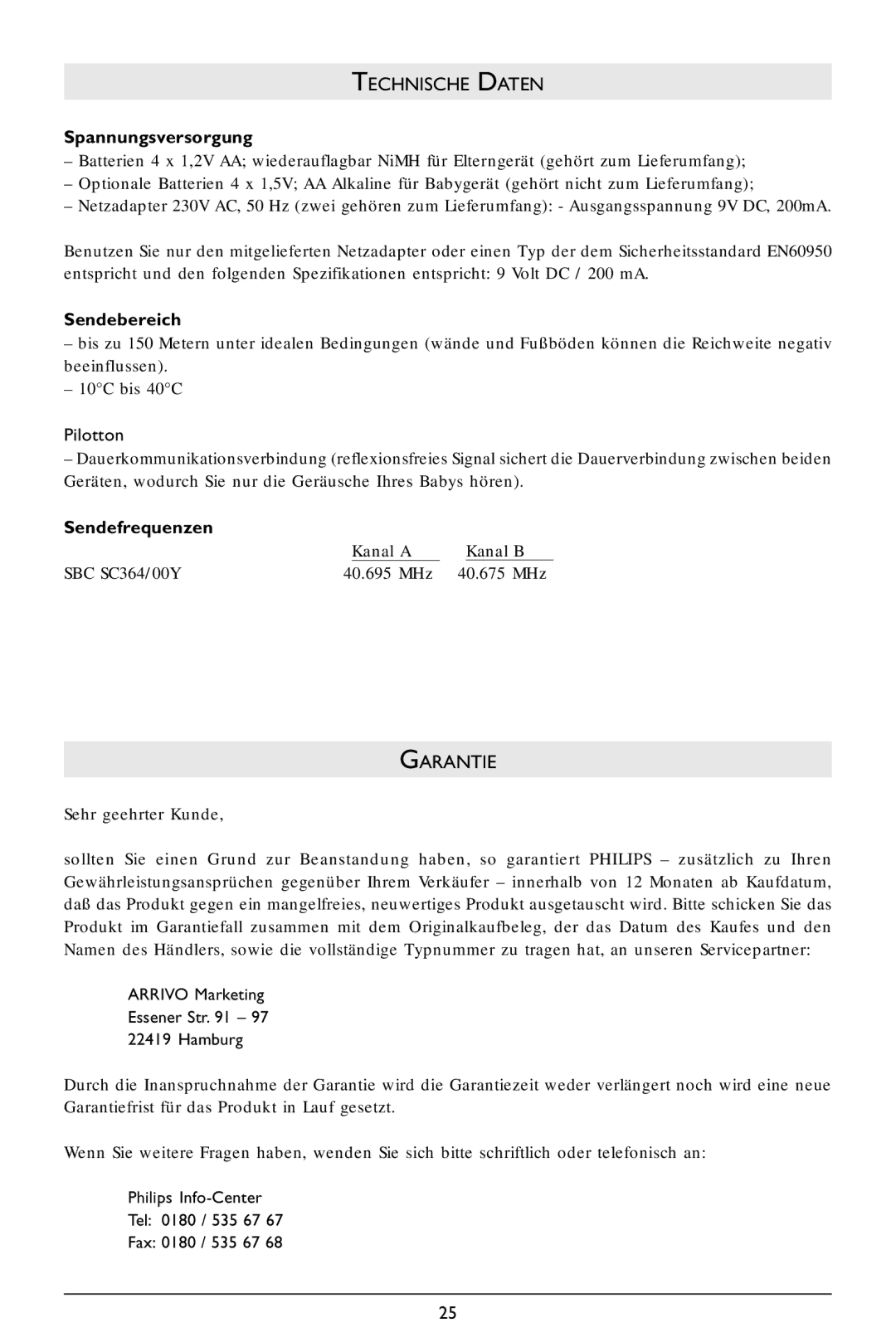 Philips SC364 warranty Technische Daten, Spannungsversorgung, Sendebereich, Sendefrequenzen, Garantie 