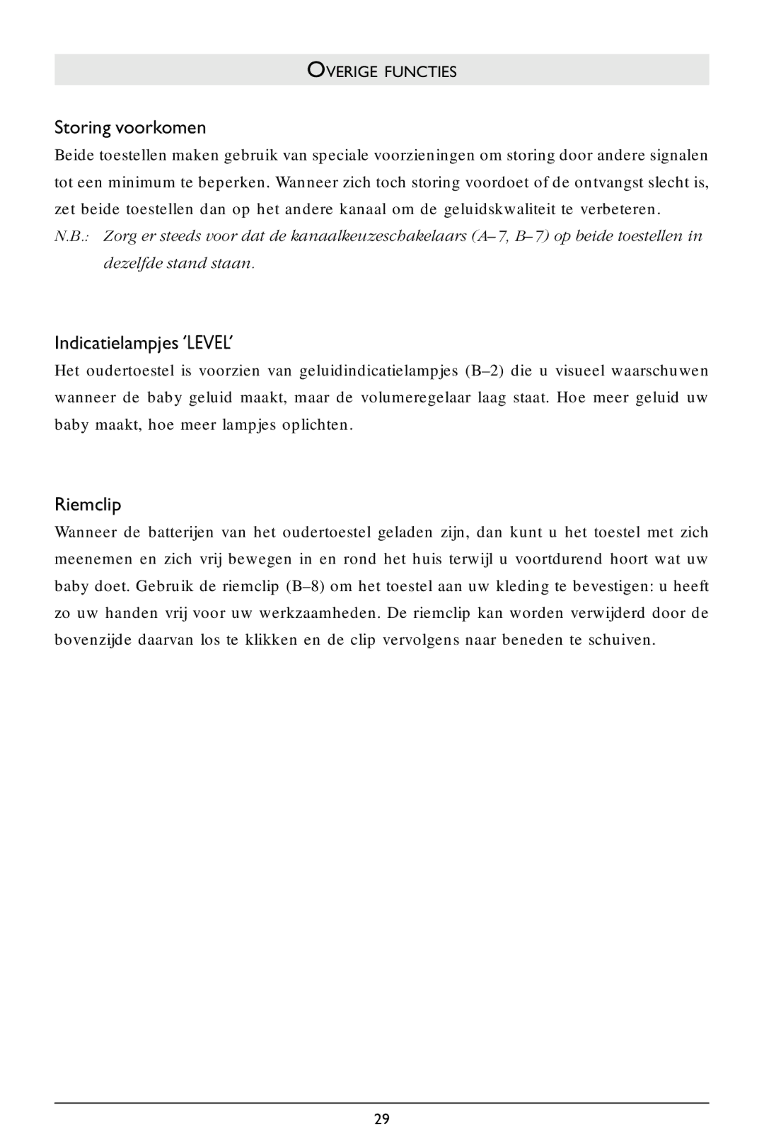 Philips SC364 warranty Storing voorkomen, Indicatielampjes ‘LEVEL’, Riemclip, Overige Functies 