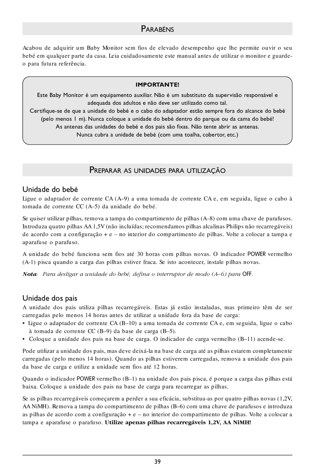 Philips SC364 warranty Unidade do bebé, Unidade dos pais, Parabéns, Preparar AS Unidades Para Utilização 