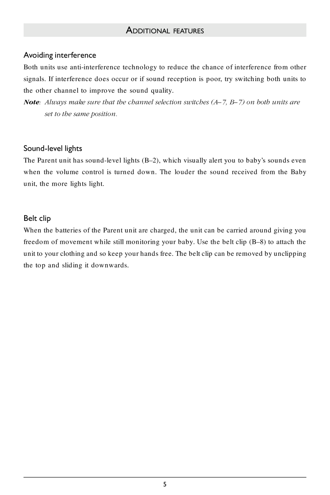 Philips SC364 warranty Avoiding interference, Sound-level lights, Belt clip, Additional Features 