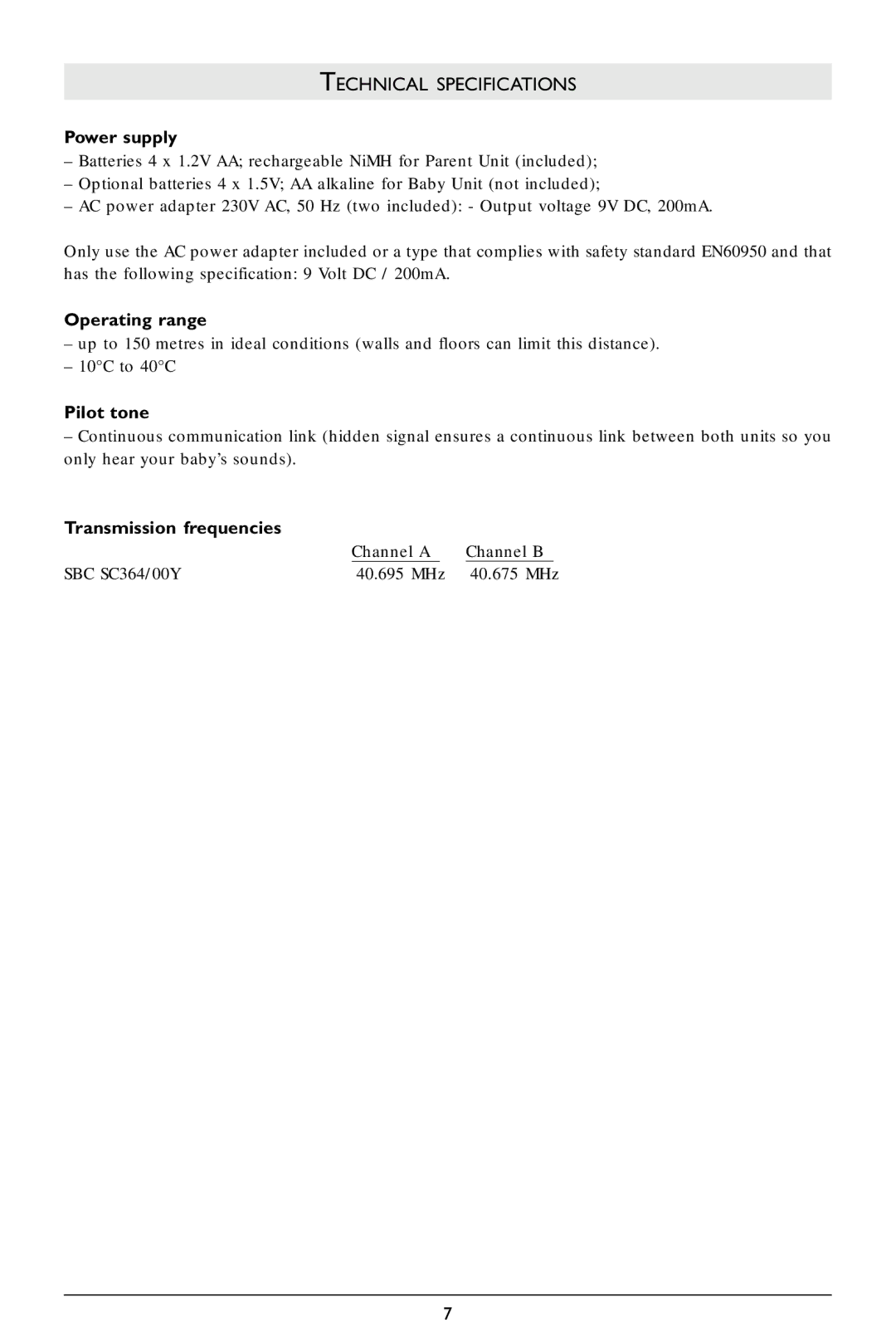 Philips SC364 warranty Technical Specifications, Power supply, Operating range, Pilot tone, Transmission frequencies 